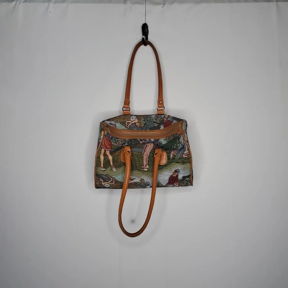 Tapestry Purse Handbag Golf Scene Sporty Vintage 2-Handle Zipper